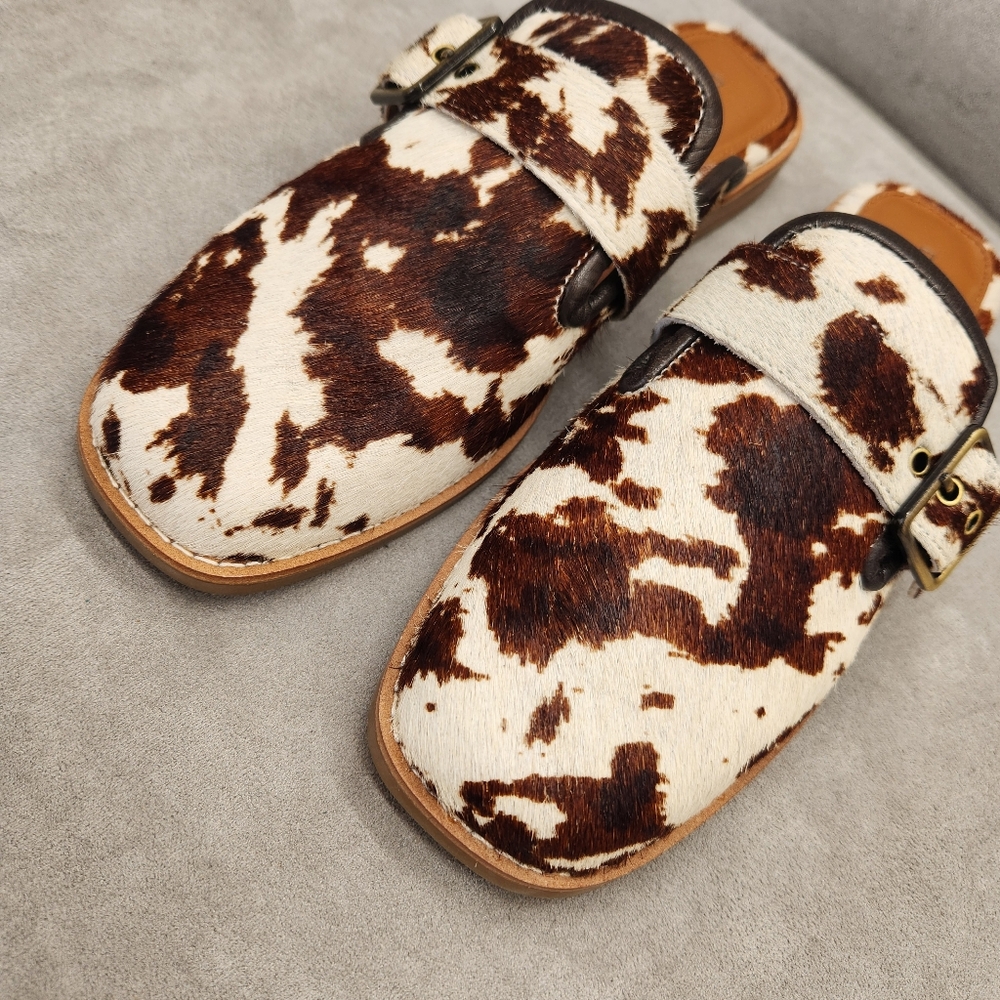 Donald Pliner Mules 8.5 Brown White Cow Hair Calf Leather Sabel Comfort New $200 - Picture 11 of 16